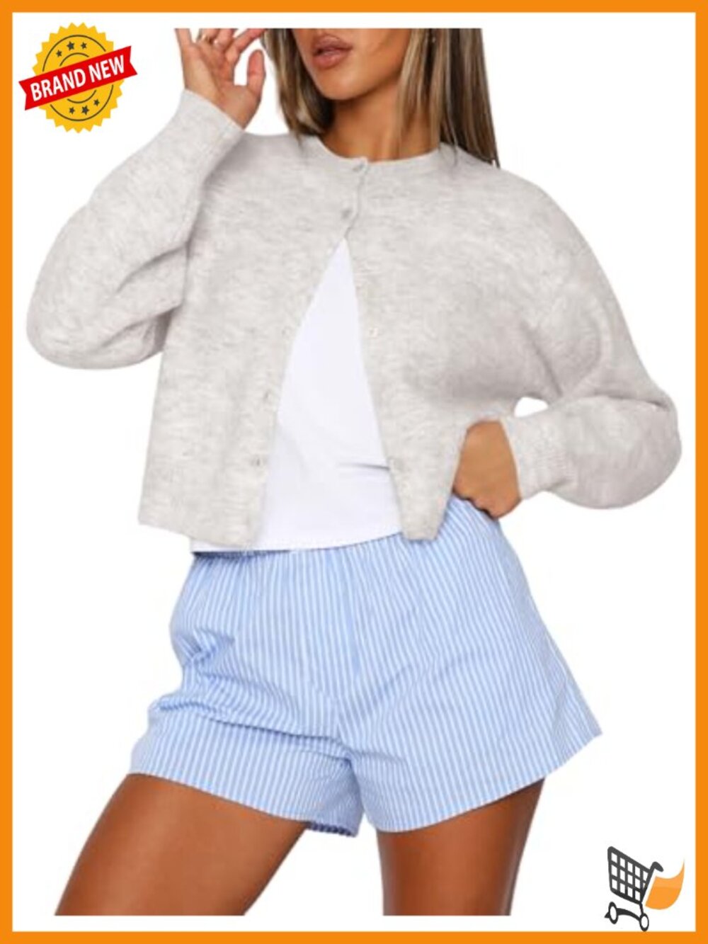 Cropped Cardigan Sweater Crew Neck Long Sleeve Button Front Lightweight Knit - Picture 1 of 5